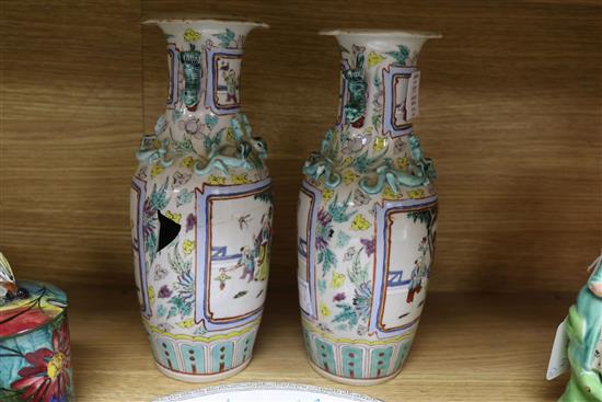 A Chinese crackle glaze bowl and jar, a pair of famille rose vases and two stone china plates